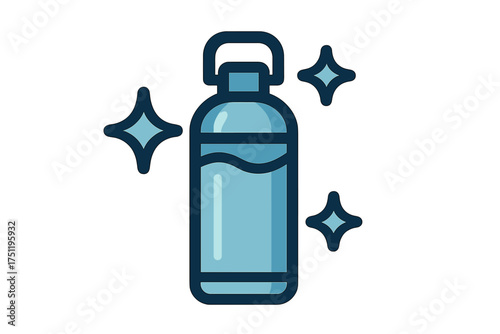 Reusable water bottle filled with fresh liquid and sparkle symbols