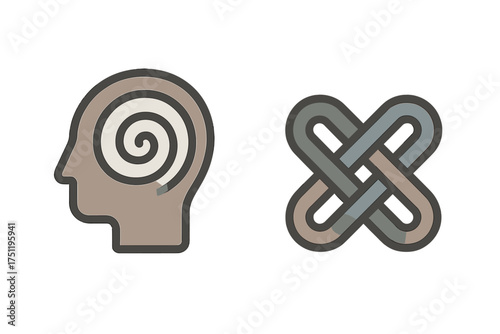 Abstract human head profile with hypnotic spiral and interwoven knot symbol