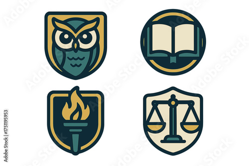 Set of four academic and legal symbols: owl, open book, flaming torch, and scales of justice