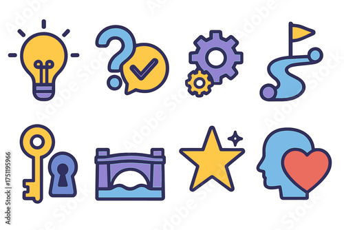 Colorful abstract business concept stickers featuring idea solution process and security symbols