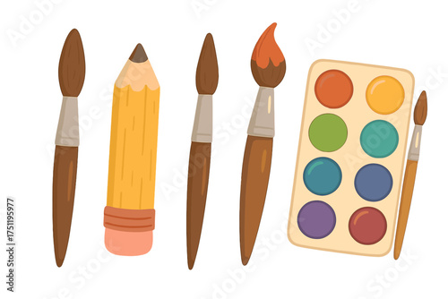Colorful watercolor paint palette, paintbrushes, and yellow pencil for art projects