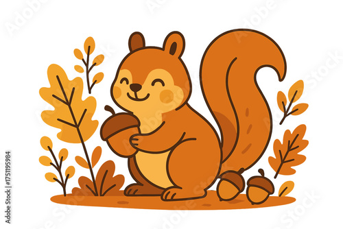 Cute cartoon squirrel character holding a large acorn surrounded by autumn foliage and nuts