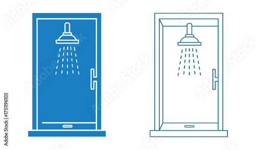 Two shower stalls with running water icons blue and teal bathroom cabin