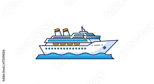 A modern white cruise ship sailing on blue waves.
