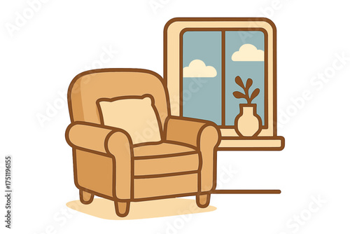 Cozy interior scene with comfortable armchair next to a window and potted plant on the sill