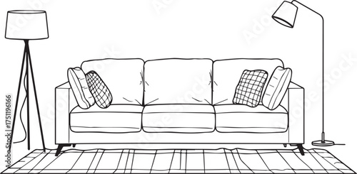 simple line drawing of a scandinavian-style sofa, carpet, and floor lamp in a living room, vector illustration, simple lines, no shading