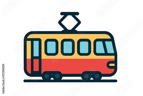 Stylized public transportation tram streetcar in yellow and red colors