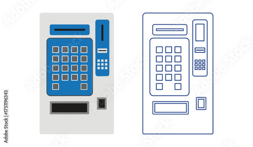 Two vending machines one colored one outline on white background technology appliance