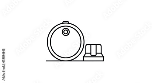 Robot vacuum cleaner with its charging station base a simple black line art icon.