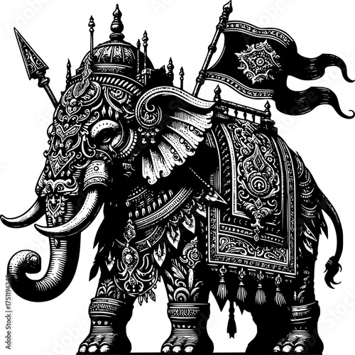 Royal Elephant Illustration: A detailed illustration depicts a majestic elephant adorned with elaborate decorations, symbolic of royalty and cultural heritage.