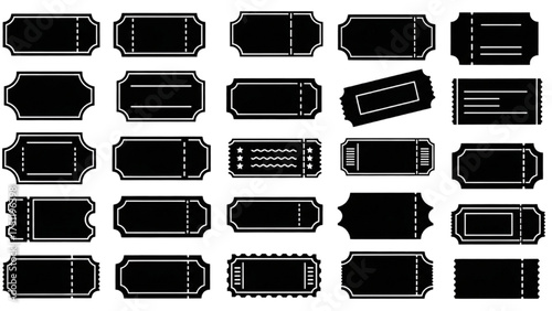 Diverse collection of event and coupon tickets in black silhouette vector designs
