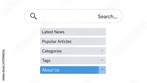 Modern website search bar concept with integrated content navigation dropdown menu and discovery options