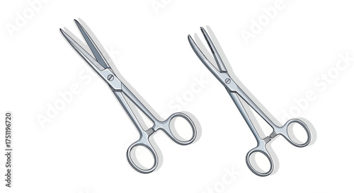 A detailed medical illustration of two surgical instruments: scissors and ring forceps.
