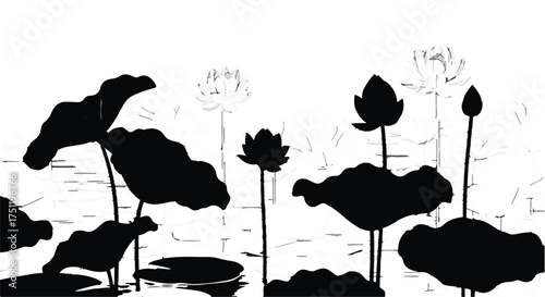 Serene silhouettes of lotus flowers and lily pads against a bright, watery backdrop.