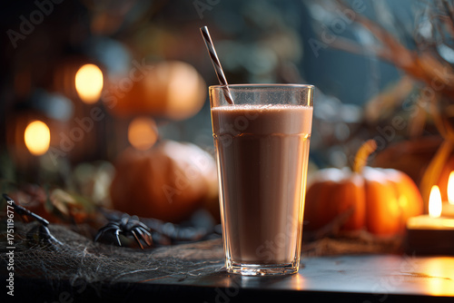 Protein cocktail on a dark Halloween-themed background. Sports background for Halloween.