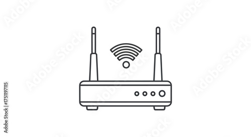 Wi-Fi router modem with dual antennas and signal icon minimalist black and white line art.