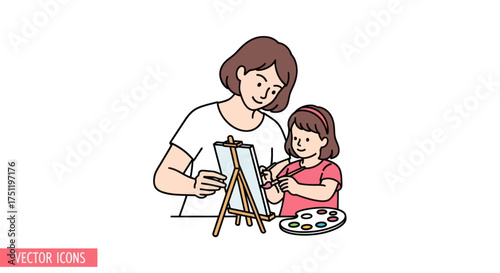 Mother and child painting together on an easel creating art with paints.