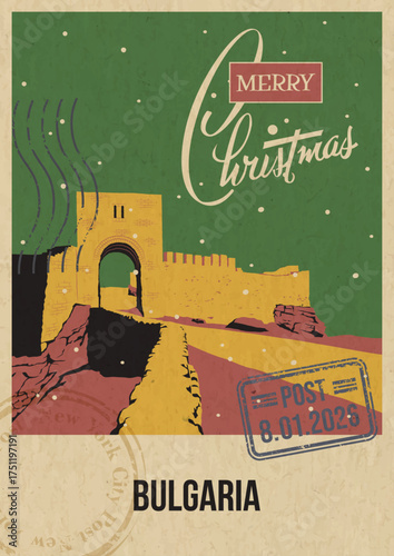 Merry Christmas Bulgaria Tourist Attraction Greeting Card. Kaliakra Fortress Medieval Ruins Illustration. Vector Template Retro Style Postcard. Postal Imprint, Aged Paper Texture, Snow
