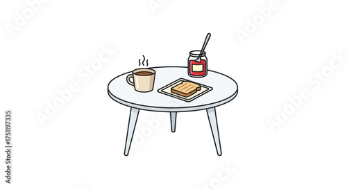 A simple breakfast spread with coffee toast and jam on a round table.