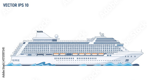 A detailed illustration of a large white cruise ship sailing on blue water.