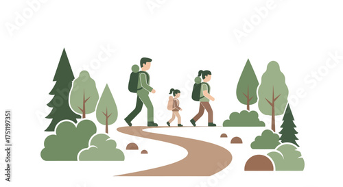 Family hiking in nature with backpacks on a winding path.