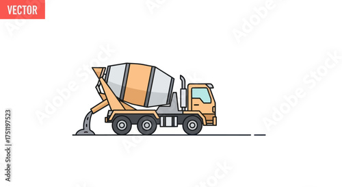 Cement Mixer Truck Illustration with Orange and Gray Drum Construction Vehicle.