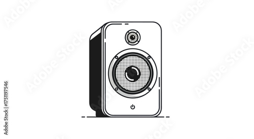 A detailed illustration of a modern black and white audio speaker.