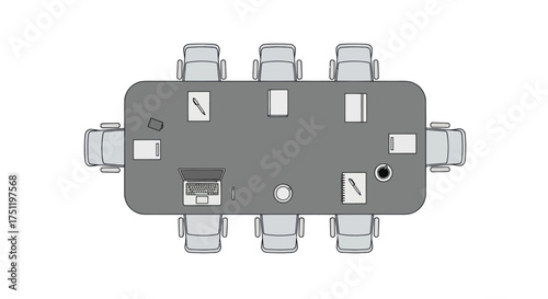 Top-down illustration of a gray conference table with eight chairs ready for a business meeting.
