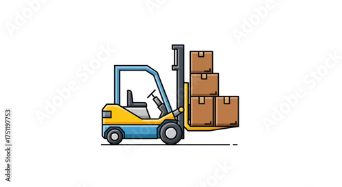 A yellow and blue cartoon forklift truck carrying a stack of brown cardboard boxes.