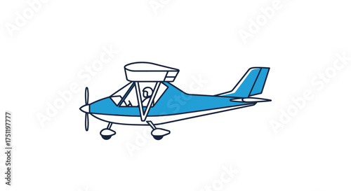 Blue and white ultralight aircraft with propeller and cockpit.