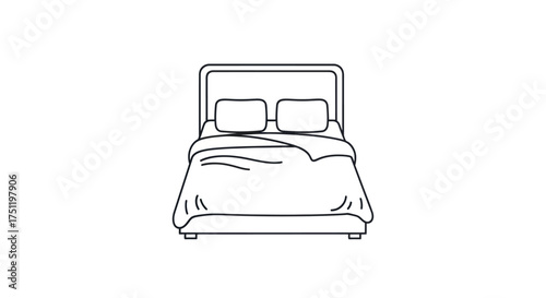 Simple Line Drawing of a Bed with Pillows and Blanket.