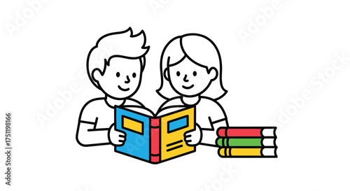 Two Children Reading a Colorful Book Together Stack of Books Beside Them.