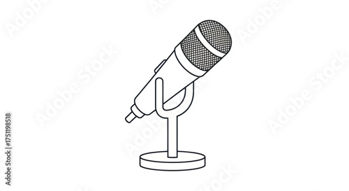 Line art illustration of a classic microphone on a desk stand.