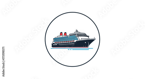 Detailed Illustration of a Large Blue and Black Cruise Ship with Red Funnels.