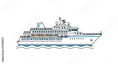 Cruise Ship Illustration: Detailed Liner with Multiple Decks and Lifeboats.