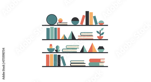 Colorful Illustrated Books and Decorative Objects on Shelves.