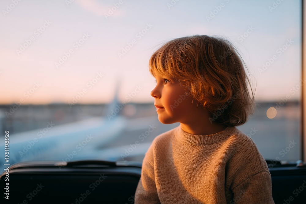 Fototapeta premium Happy child sitting on a suitcase, gazing out of the airport window, with a soft glow of sunset illuminating the scene, evoking a sense of adventure and wonder