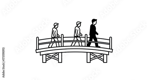 Three People Walking on a Bridge One in Dark Silhouette.
