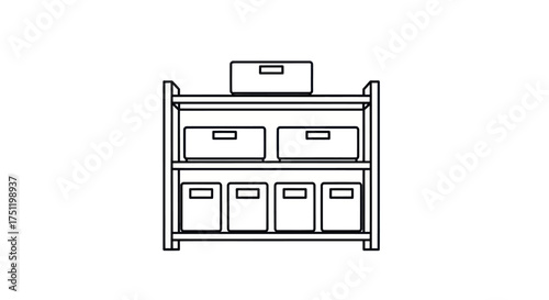 Simple Wooden Storage Shelf Unit with Multiple Boxes.