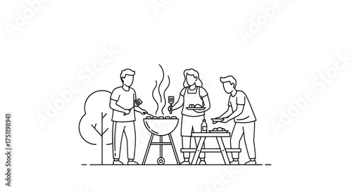 Black and White Illustration of People Grilling Outdoors.