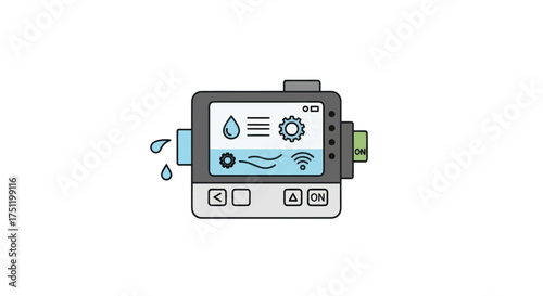 Smart Irrigation Controller Device with Digital Display and Water Drop Icon.