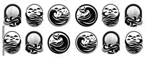 Collection of 12 stylized black and white water wave logo design emblems with ocean, surf & sunset, clouds, Ideal for beach brands, spa, travel, surf shops, eco companies. Vector illustration.