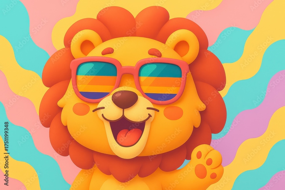 Fototapeta premium Smiling lion mascot wearing rainbow striped sunglasses on a bright wavy background