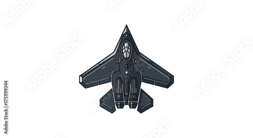 Modern Dark Stealth Fighter Jet Aircraft Top View.