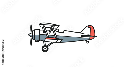 Cartoon Biplane Illustration with Red Accents and Propeller.