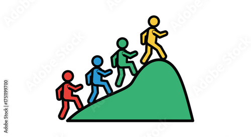 Colorful Figures Climbing a Green Mountain Illustrating Progress and Teamwork.