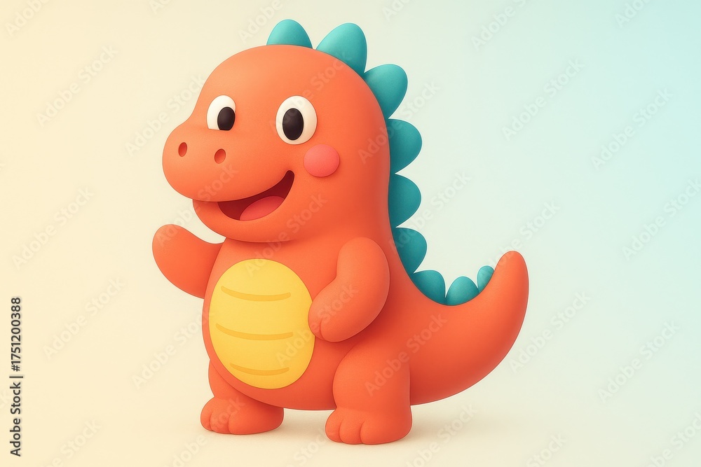Obraz premium Adorable orange cartoon dinosaur character with blue spikes waving hello on a soft gradient background