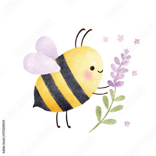 Cute Watercolor Bee with Lavender Flowers Adorable Insect Illustration.