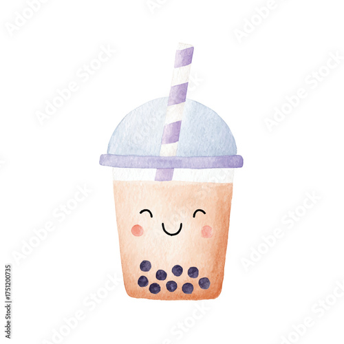 Cute Watercolor Boba Tea Illustration Happy Bubble Tea Cartoon.