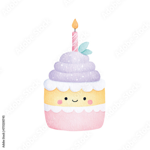Cute Watercolor Birthday Cupcake Happy Birthday Cake Illustration.